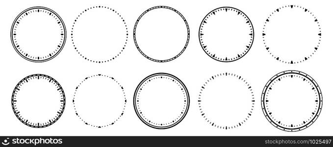 Clock faces. Vintage clocks bezel, seconds timer and 12 hours watch round scale. Clocks frames silhouette, deadline hour stopwatch face. Isolated vector symbols set. Clock faces. Vintage clocks bezel, seconds timer and 12 hours watch round scale vector set