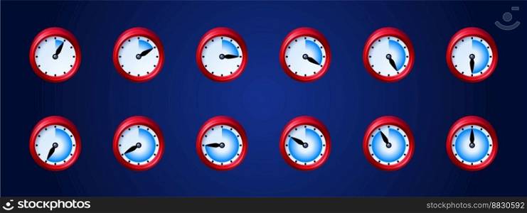Clock game icons, time animation sprite sheet. Red clock with moving arrows sequence frame. Watches graphic design elements for application, timer, loading process, Cartoon isolated vector icons set. Clock game icons, time animation sprite sheet