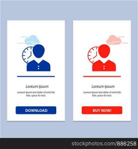 Clock, Hours, Man, Personal, Schedule, Time, Timing, User Blue and Red Download and Buy Now web Widget Card Template