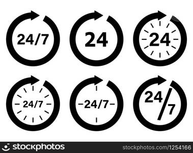 Clock icon collection. Organization work schedule 24 7. Set of pictograms for design, vector illustration.. Clock icon collection. Organization work schedule 24 7. Set of pictograms for design, vector illustration