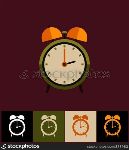 Clock icon. Flat vector illustration on different colored backgrounds. Green analog clock. Clock icon. Flat vector illustration. Green analog clock