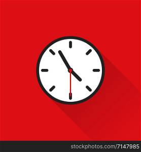 Clock icon in flat style on red background with shadow. Isolated vector illustration. Circle clock icon vector timer. Countdown clock counter timer. Time concept. EPS 10