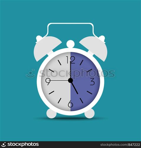 Clock icon in trendy flat style. Alarm clock, wake - up time. White clock with shadow on blue background. Eps10. Clock icon in trendy flat style. Alarm clock, wake - up time. White clock with shadow on blue background