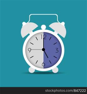 Clock icon in trendy flat style. Alarm clock, wake - up time. White clock with shadow on blue background. Eps10. Clock icon in trendy flat style. Alarm clock, wake - up time. White clock with shadow on blue background