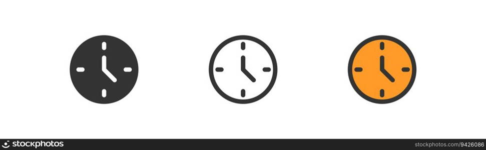 Clock icon on light background. Time symbol. Second, deadline, watch, alarm, data, timer. Outline, flat and colored style. Flat design. Vector illustration. Clock icon on light background. Time symbol. Second, deadline, watch, alarm, data, timer. Outline, flat and colored style. Flat design. 
