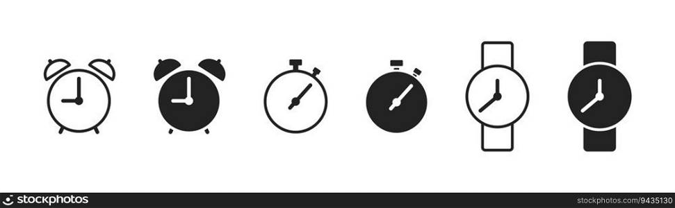 Clock icon set. Stopwatch sign. Time symbol. Pictogram of different watches. Wrist accessor. Vector illustration. 