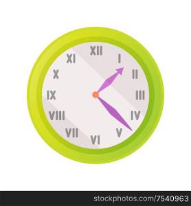 Clock icon showing exact time vector illustration isolated on white. Wall watch with roman numerals signs or rome figures, green time measurement device. Clock Icon Showing Exact Time Vector Illustration