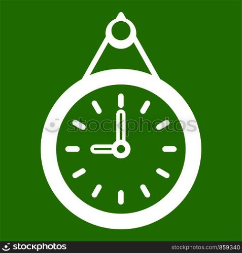 Clock icon white isolated on green background. Vector illustration. Clock icon green