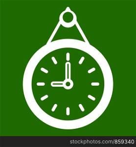 Clock icon white isolated on green background. Vector illustration. Clock icon green