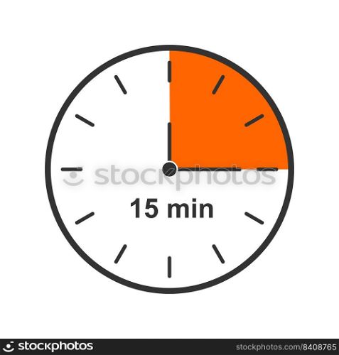 Clock icon with 15 minute time interval. Quarter of hour. Countdown timer or stopwatch symbol isolated on white background. Infographic element for cooking or sport game. Vector flat illustration.. Clock icon with 15 minute time interval. Quarter of hour. Countdown timer or stopwatch symbol isolated on white background. Infographic element for cooking or sport game
