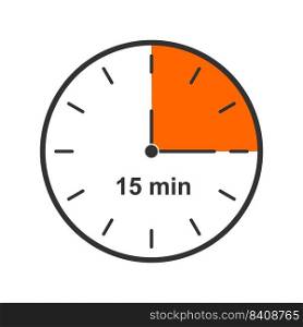 Clock icon with 15 minute time interval. Quarter of hour. Countdown timer or stopwatch symbol isolated on white background. Infographic element for cooking or sport game. Vector flat illustration.. Clock icon with 15 minute time interval. Quarter of hour. Countdown timer or stopwatch symbol isolated on white background. Infographic element for cooking or sport game