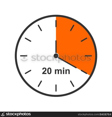 Clock icon with 20 minute time interval. Countdown timer or stopwatch symbol. Infographic element for cooking or sport game isolated on white background. Vector flat illustration.. Clock icon with 20 minute time interval. Countdown timer or stopwatch symbol. Infographic element for cooking or sport game isolated on white background. Vector flat illustration