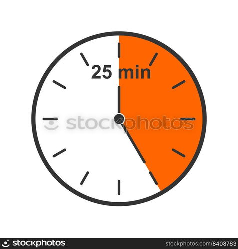 Clock icon with 25 minute time interval. Countdown timer or stopwatch symbol isolated on white background. Infographic element for cooking or sport game. Vector flat illustration.. Clock icon with 25 minute time interval. Countdown timer or stopwatch symbol isolated on white background. Infographic element for cooking or sport game. Vector flat illustration