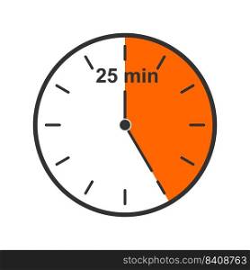 Clock icon with 25 minute time interval. Countdown timer or stopwatch symbol isolated on white background. Infographic element for cooking or sport game. Vector flat illustration.. Clock icon with 25 minute time interval. Countdown timer or stopwatch symbol isolated on white background. Infographic element for cooking or sport game. Vector flat illustration