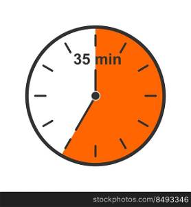 Clock icon with 35 minutes time interval. Countdown timer or stopwatch symbol isolated on white background. Infographic element for cooking or sport game. Vector flat illustration.. Clock icon with 35 minutes time interval. Countdown timer or stopwatch symbol isolated on white background. Infographic element for cooking or sport game. Vector flat illustration