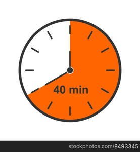 Clock icon with 40 minutes time interval. Countdown timer or stopwatch symbol. Infographic element for cooking or sport game isolated on white background. Vector flat illustration.. Clock icon with 40 minutes time interval. Countdown timer or stopwatch symbol. Infographic element for cooking or sport game