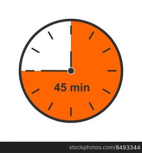Clock icon with 45 minutes time interval. Countdown timer or stopwatch symbol. Infographic element for cooking instruction or sport game isolated on white background. Vector flat illustration.. Clock icon with 45 minutes time interval. Countdown timer or stopwatch symbol. Infographic element for cooking instruction or sport game