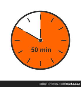 Clock icon with 50 minutes time interval. Infographic element for cooking or sport game. Countdown timer or stopwatch symbol isolated on white background. Vector flat illustration.. Clock icon with 50 minutes time interval. Infographic element for cooking or sport game. Countdown timer or stopwatch symbol isolated on white background. Vector flat illustration