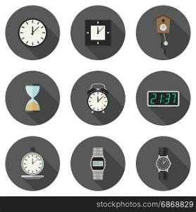 Clock icons set.. Clock and watches vector icons set. Different types of clocks and watches.