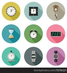 Clock icons set.. Clock and watches vector icons set. Different types of clocks and watches.
