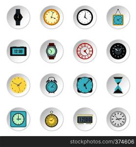 Clock icons set. Flat illustration of 16 clock vector icons for web. Clock icons set, flat style