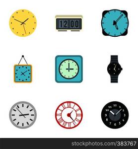 Clock icons set. Flat illustration of 9 clock vector icons for web. Clock icons set, flat style