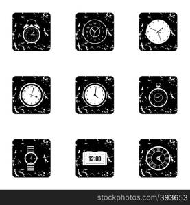Clock icons set. Grunge illustration of 9 clock vector icons for web. Clock icons set, grunge style