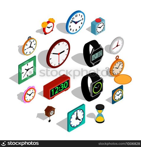 Clock icons set in isometric 3d style. Time set collection vector illustration. Clock icons set in isometric 3d style