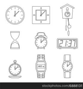 Clock line icons.. Clock and watches line icons set. Different types of clocks and watches.