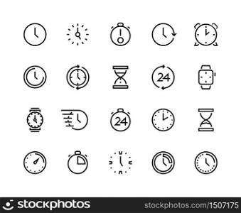 Clock line icons. Time management and schedule planning, simple line symbols of calendar alarm wrist watches and hourglass. Vector image time and date set. Clock line icons. Time management and schedule planning, line symbols of calendar alarm wrist watches and hourglass. Vector time and date set