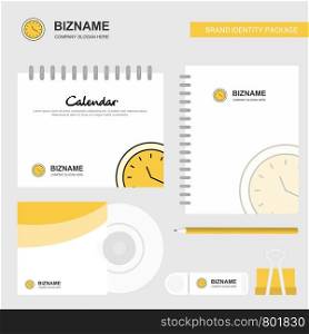 Clock Logo, Calendar Template, CD Cover, Diary and USB Brand Stationary Package Design Vector Template