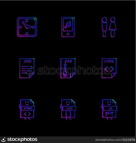 Clock , mp4 , male female , doc , rar , compressed file , html , code , css , ai , icon, vector, design, flat, collection, style, creative, icons