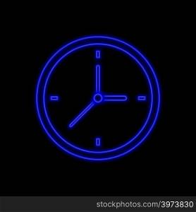 Clock neon sign. Bright glowing symbol on a black background. Neon style icon.