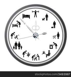 Clock of icons of people, the concept of the working day. Vector illustration.