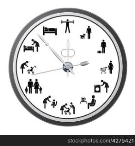 Clock of icons of people, the concept of the working day. Vector illustration.