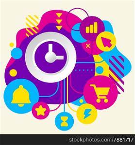 Clock on abstract colorful spotted background with different icons and elements. Flat design for the web, interface, print, banner, advertising.