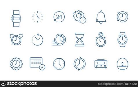 Clock pictogram set. Fast time management computer timing calendar vector thin line icon collection. Illustration of timer and outline alarm stopwatch, measurement clock. Clock pictogram set. Fast time management computer timing calendar vector thin line icon collection
