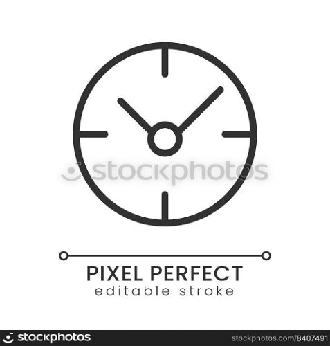 Clock pixel perfect linear icon. Time management. Business project deadline. Checking time. Thin line illustration. Contour symbol. Vector outline drawing. Editable stroke. Poppins font used. Clock pixel perfect linear icon