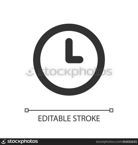Clock pixel perfect linear ui icon. Set alarm. Tracking time. Snooze feature. Daily reminder. GUI, UX design. Outline isolated user interface element for app and web. Editable stroke. Arial font used. Clock pixel perfect linear ui icon