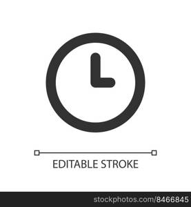 Clock pixel perfect linear ui icon. Set alarm. Tracking time. Snooze feature. Daily reminder. GUI, UX design. Outline isolated user interface element for app and web. Editable stroke. Arial font used. Clock pixel perfect linear ui icon