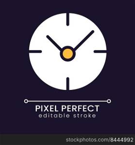 Clock pixel perfect RGB color icon for dark theme. Time management. Project deadline. Checking time. Simple filled line drawing on night mode background. Editable stroke. Poppins font used. Clock pixel perfect RGB color icon for dark theme