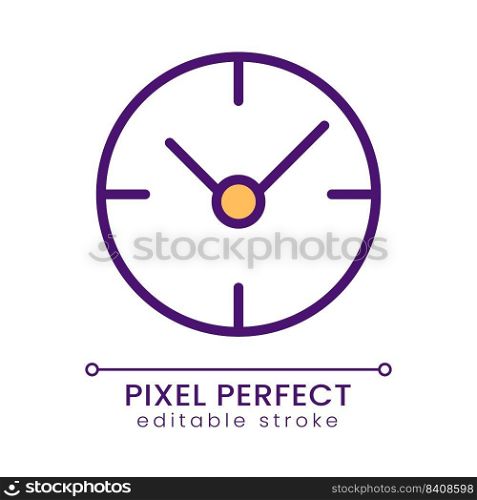 Clock pixel perfect RGB color icon. Time management. Business project deadline. Checking time. Isolated vector illustration. Simple filled line drawing. Editable stroke. Poppins font used. Clock pixel perfect RGB color icon