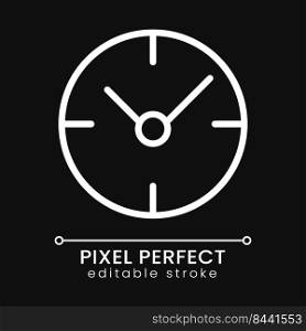Clock pixel perfect white linear icon for dark theme. Time management. Project deadline. Checking time. Thin line illustration. Isolated symbol for night mode. Editable stroke. Poppins font used. Clock pixel perfect white linear icon for dark theme