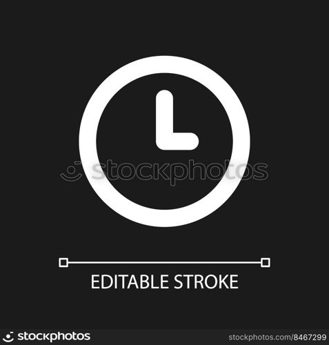 Clock pixel perfect white linear ui icon for dark theme. Set alarm. Daily reminder. Vector line pictogram. Isolated user interface symbol for night mode. Editable stroke. Arial font used. Clock pixel perfect white linear ui icon for dark theme