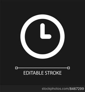 Clock pixel perfect white linear ui icon for dark theme. Set alarm. Daily reminder. Vector line pictogram. Isolated user interface symbol for night mode. Editable stroke. Arial font used. Clock pixel perfect white linear ui icon for dark theme