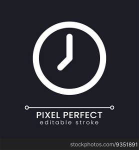 Clock pixel perfect white linear ui icon for dark theme. Time measure app. Digital instrument. Vector line pictogram. Isolated user interface symbol for night mode. Editable stroke. Poppins font used. Clock pixel perfect white linear ui icon for dark theme
