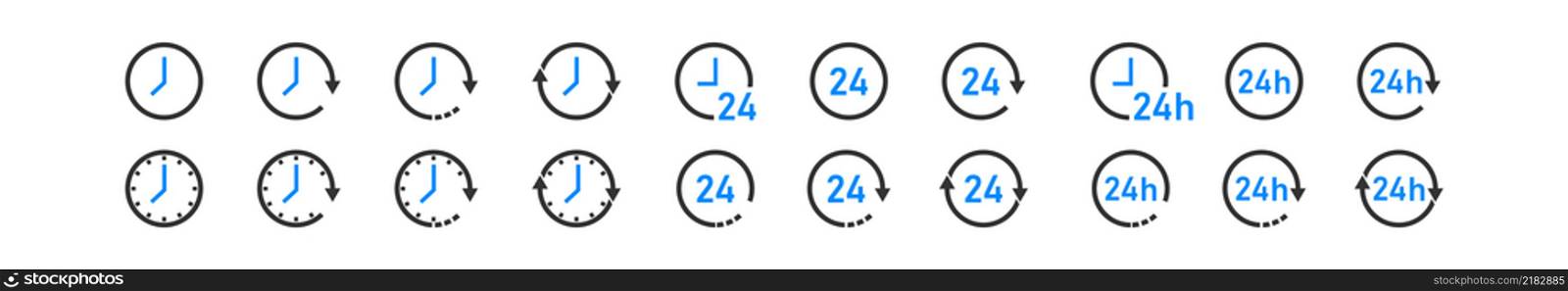 Clock set icons. All time 24 hour and arrow sign symbol. Vector illustration