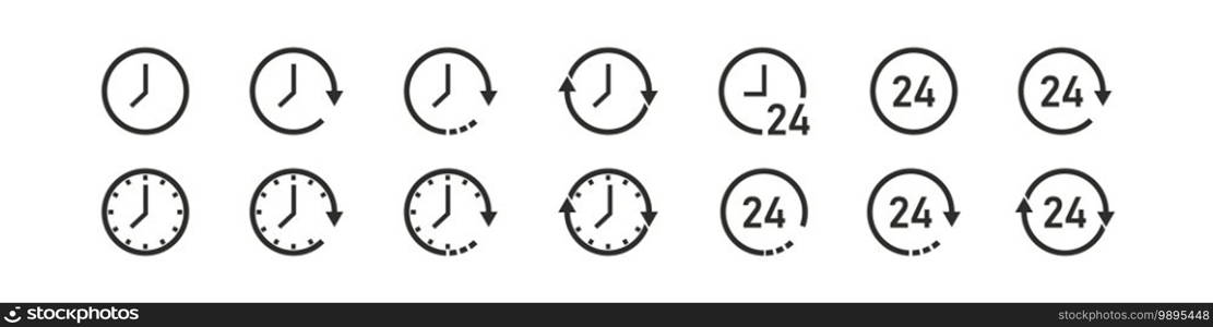 Clock set icons. All time 24 hour and arrow sign symbol. Vector illustration 