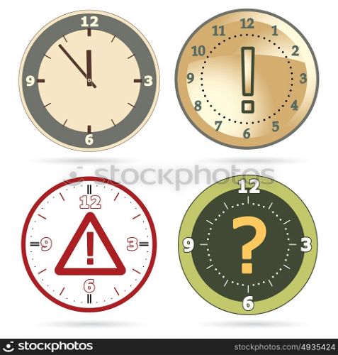 Clock set with question, exclamation marks and warning sign instead of clock hands