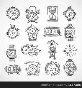 Clock sketch icons set with stopwatch alarm wall and sand clock isolated vector illustration
